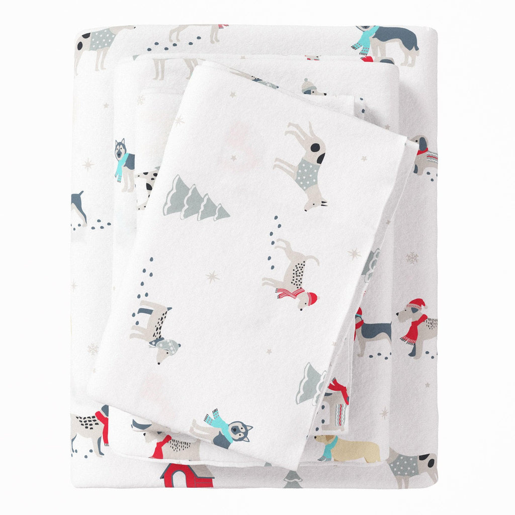 greatbayhome Sheets Twin / Pups in the Snow 4-Piece Turkish Cotton Flannel Sheet - Whittaker Collection 4-Piece Turkish Cotton Flannel Sheet | Whittaker Collection by Great Bay Home