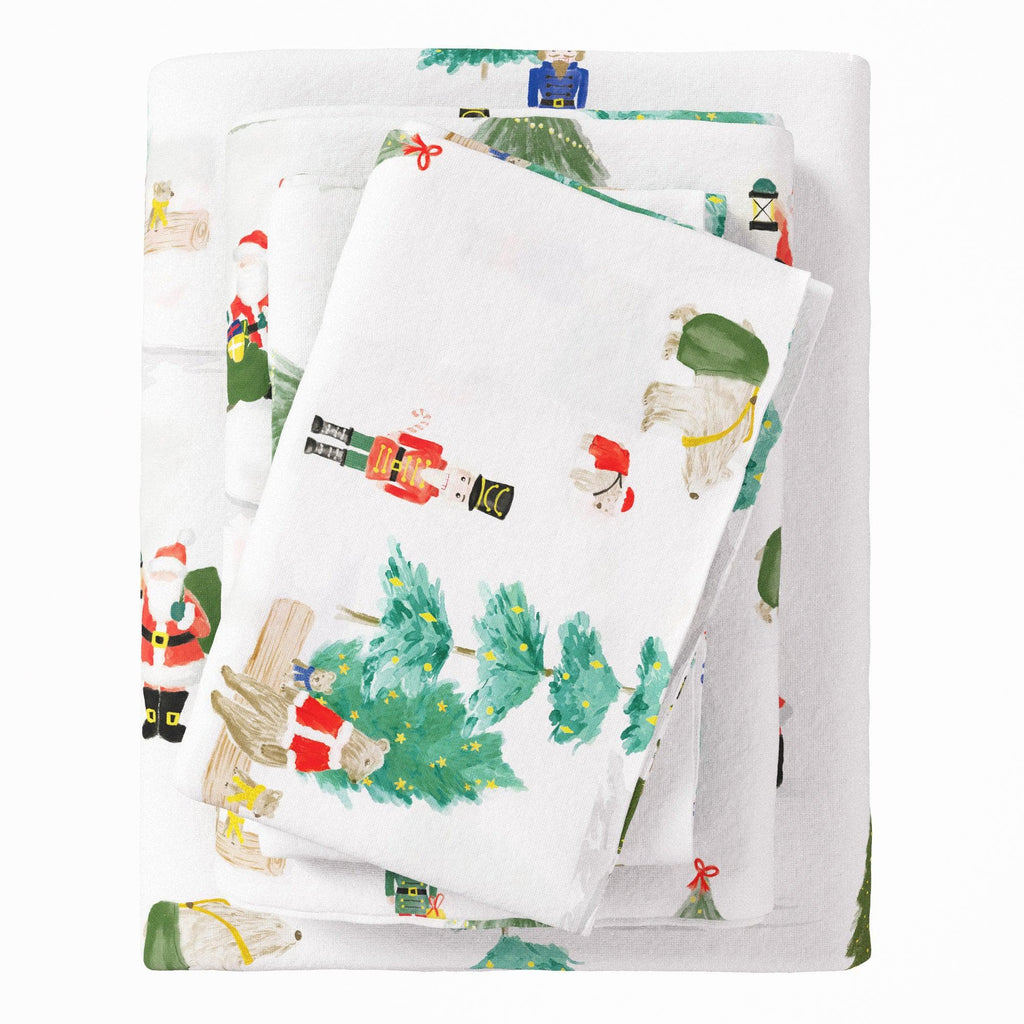 greatbayhome Sheets Twin / Watercolor Santa & Friends Holiday Scene 4-Piece Turkish Cotton Flannel Sheet - Whittaker Collection 4-Piece Turkish Cotton Flannel Sheet | Whittaker Collection by Great Bay Home