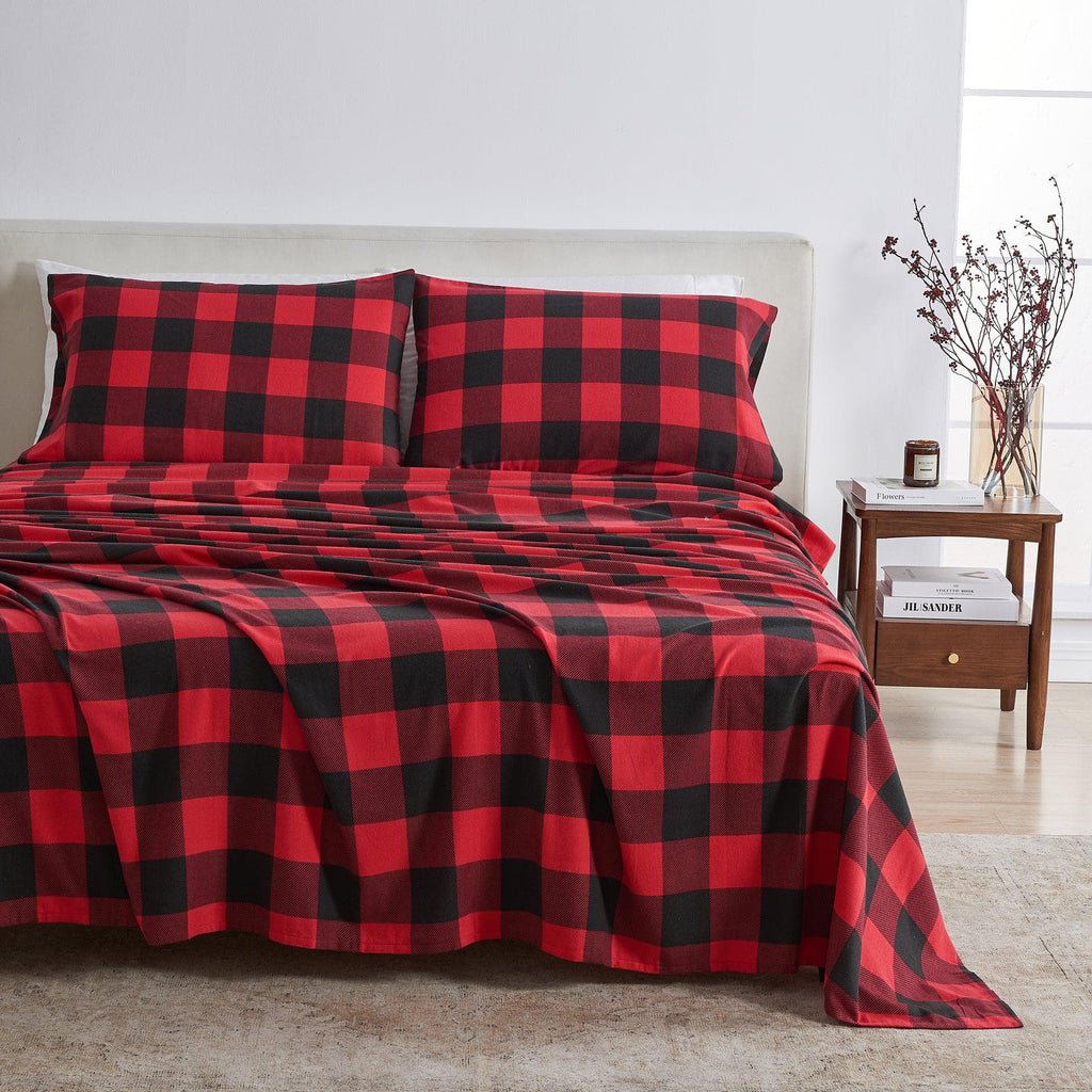 greatbayhome Sheets Twin / Buffalo Check - Red/Black Turkish Cotton Flannel Sheet - Belle Collection 100% Turkish Cotton Flannel Sheet Set | Belle Collection By Great Bay Home