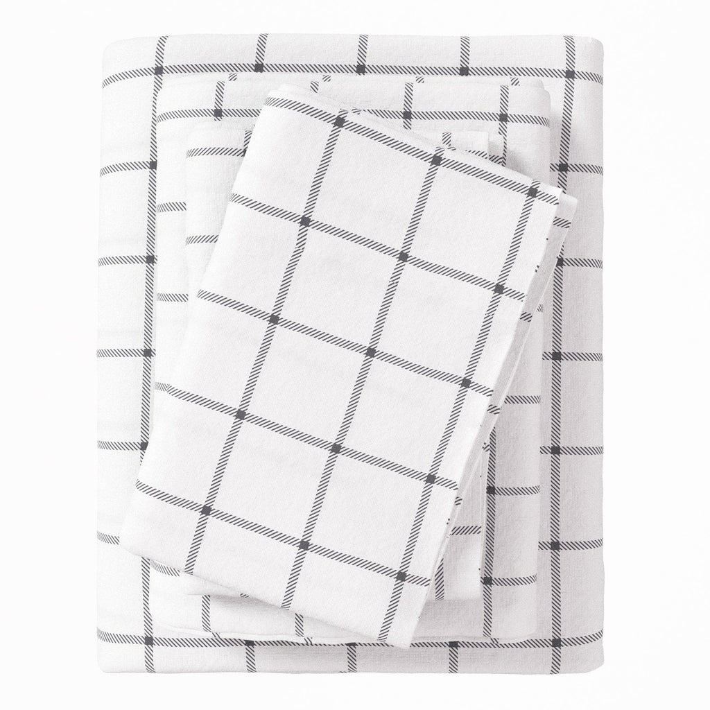 greatbayhome Sheets Twin / Windowpane - White / Grey Turkish Cotton Flannel Sheet - Belle Collection 100% Turkish Cotton Flannel Sheet Set | Belle Collection By Great Bay Home