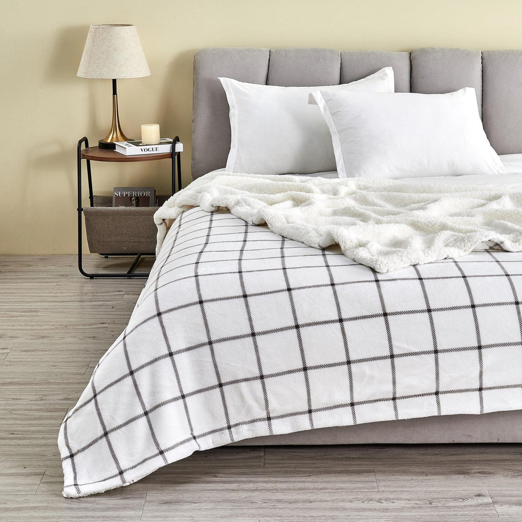greatbayhome 50" x 60" Throw / Grey Windowpane Velvet Plush Sherpa Luxury Bed Blanket - Kinsley Collection