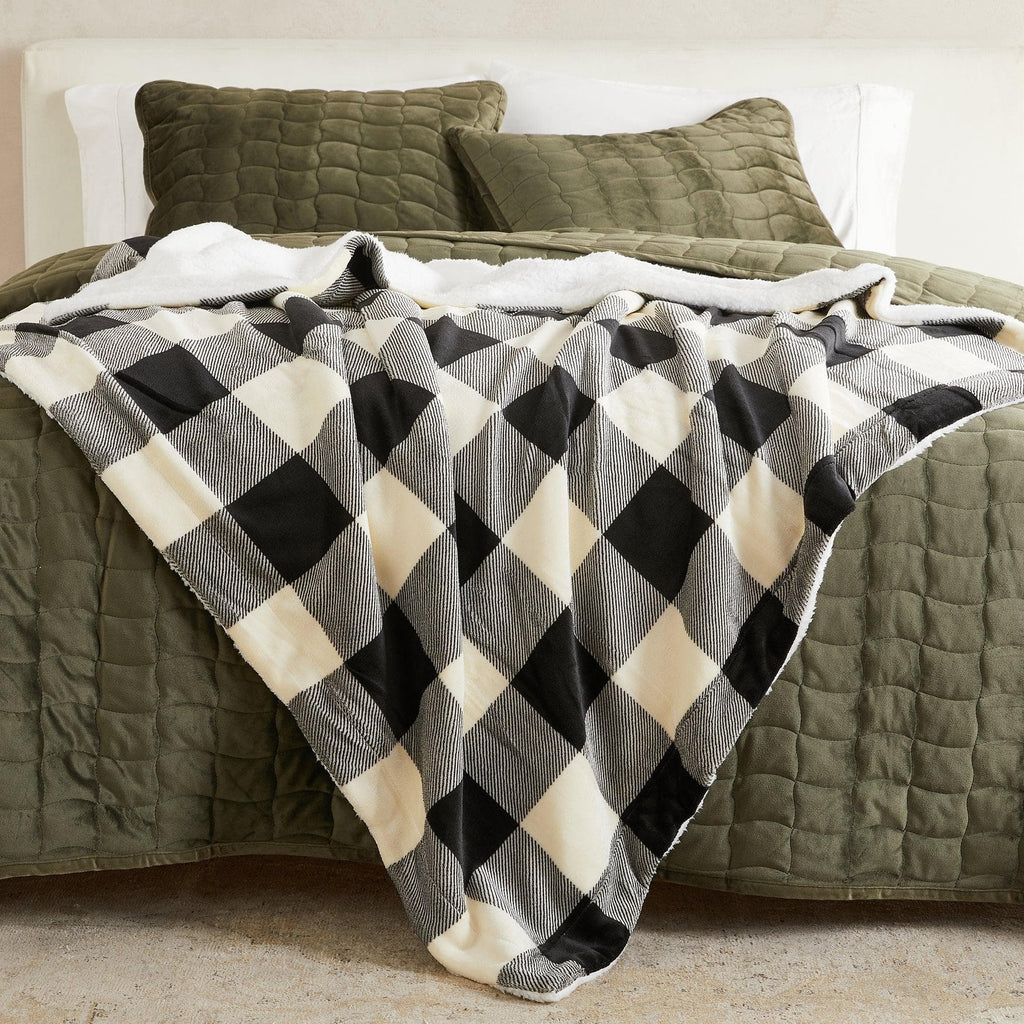 greatbayhome 50" x 60" Throw / Buffalo Check - Black/White Velvet Plush Sherpa Luxury Bed Blanket - Kinsley Collection