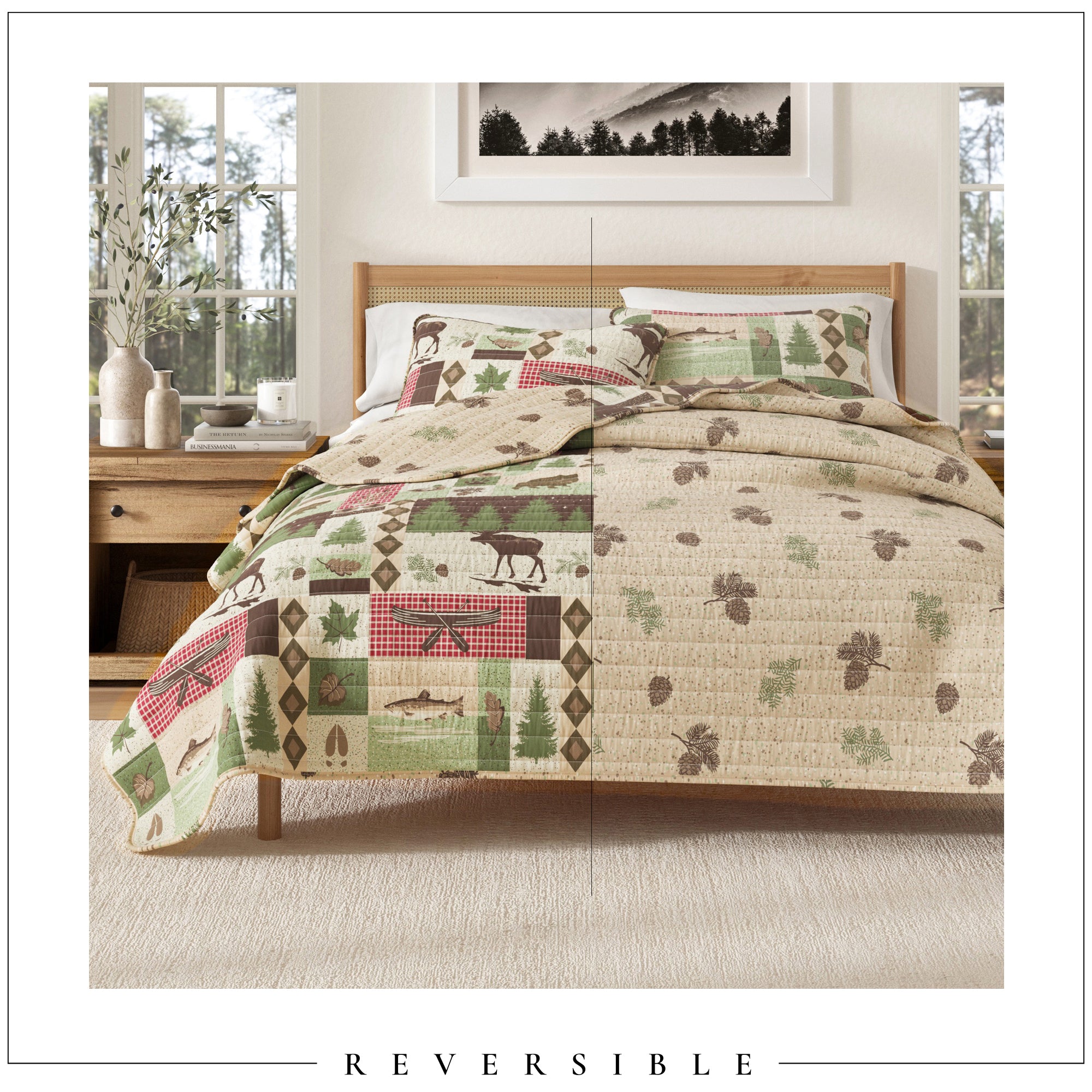 thumbnail interactive-video image 1 of Virah Bella Diamond Bear Lodge Reversible Quilt Set – Lightweight Red Plaid 1 of 5