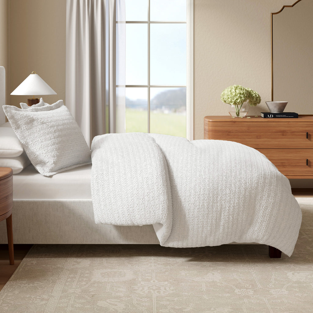 Luxury Waffle Duvet Cover Set - White/Cream, 3-Piece Bedding For Single To Super King, 70% Polyester 30% Cotton