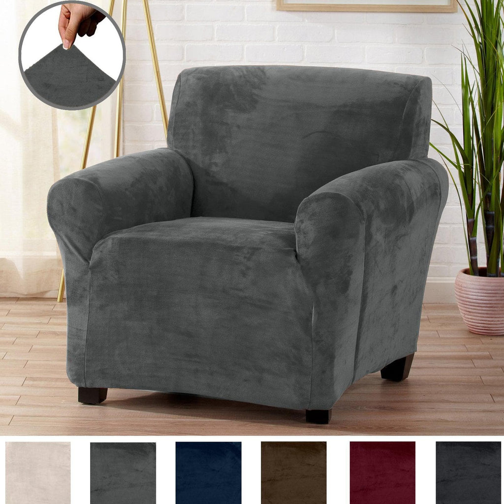 Solid grey velvet plush armchair slipcover at Great Bay Home