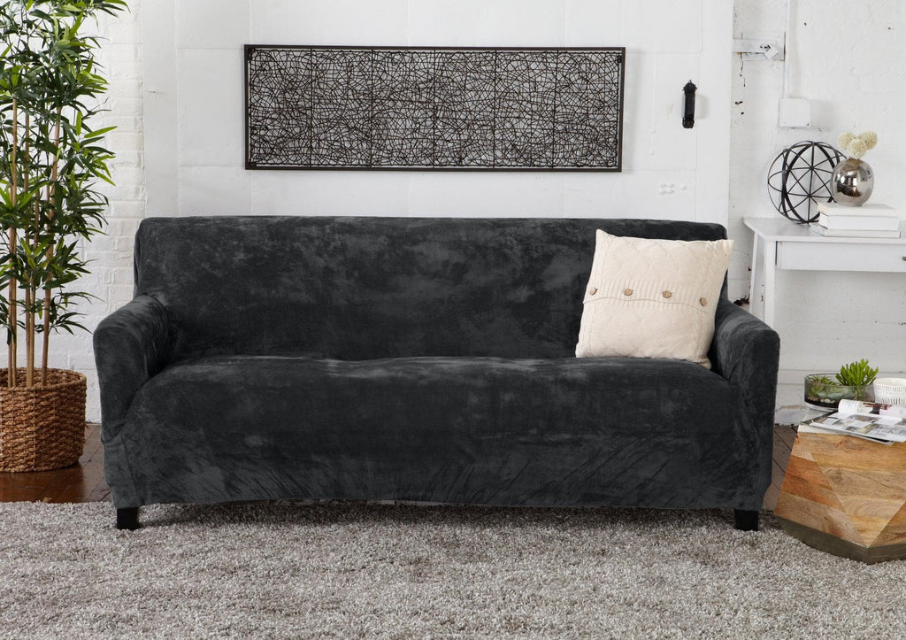 Silver cloud velvet form fit stretch slipcover from the Gale Collection at Great Bay Home