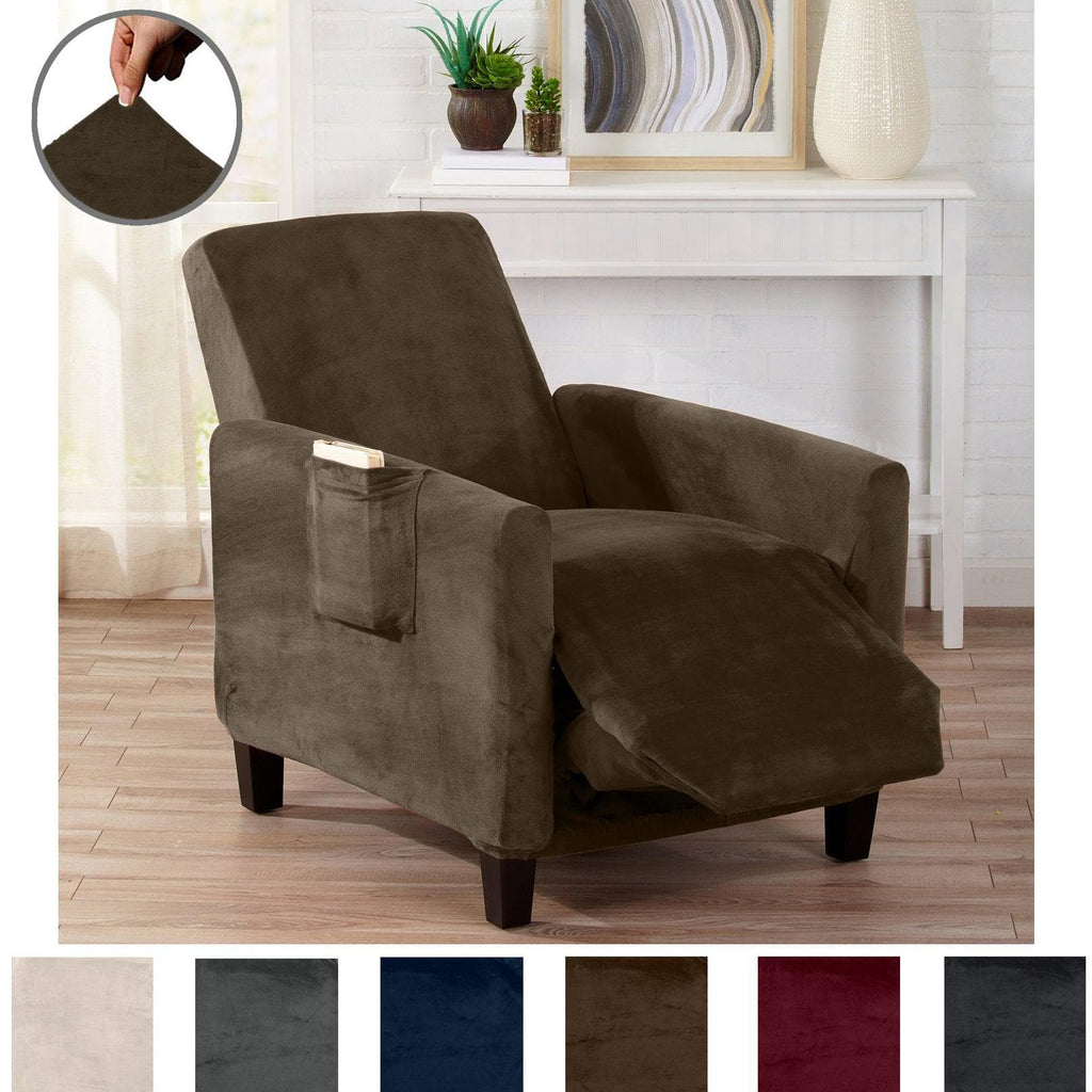 Walnut brown stain resistant velvet form fit stretch slipcover Gale Collection at Great Bay Home