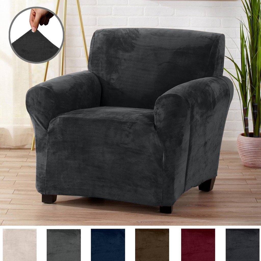 Dark grey velvet form fit stretch slipcover from the Gale Collection at Great Bay Home