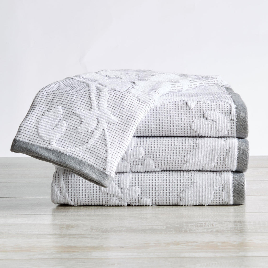 Great Bay Home Hand Towel (4-Pack) / White / Grey 4 Pack Cotton Floral Hand Towels - Roselyn Collection Floral Jacquard Bath Towel Set | Roselyn Collection by Great Bay Home
