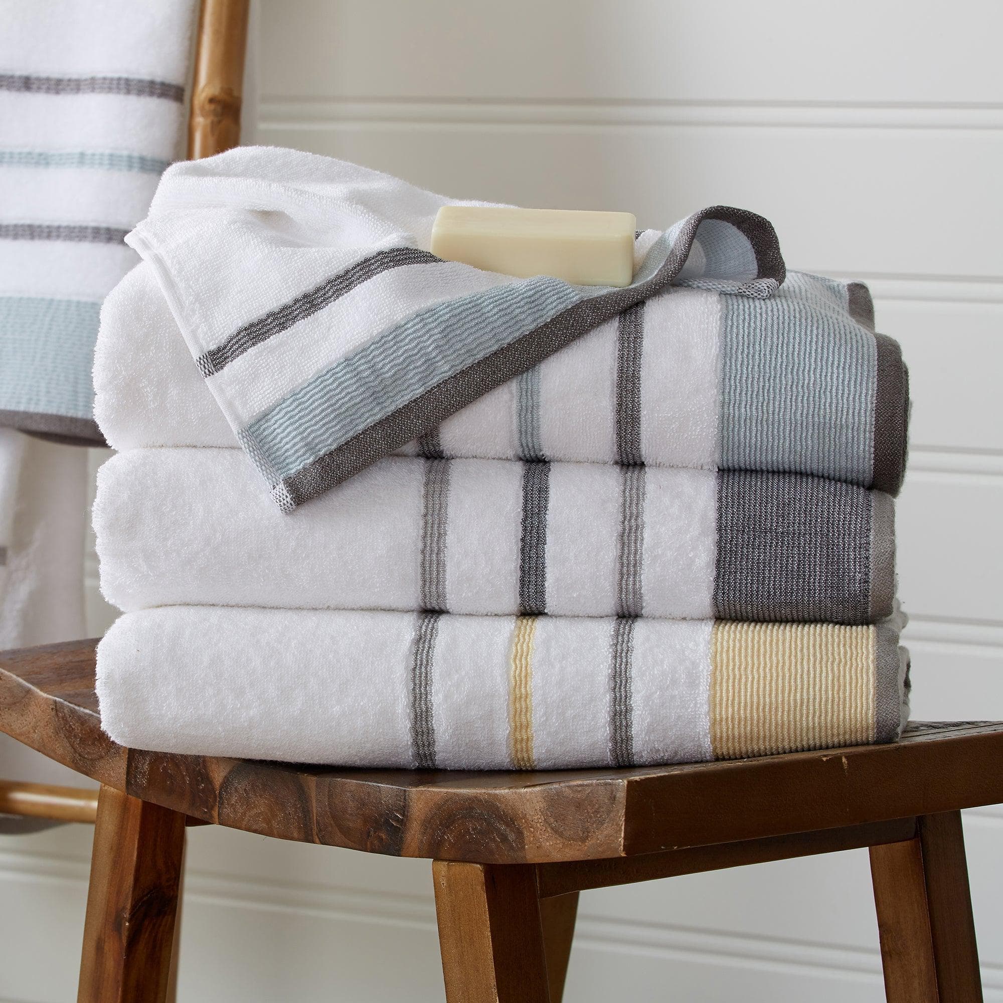 Noble Linens 6 Piece Farmhouse Cotton Bath Towel Set, Light Blue