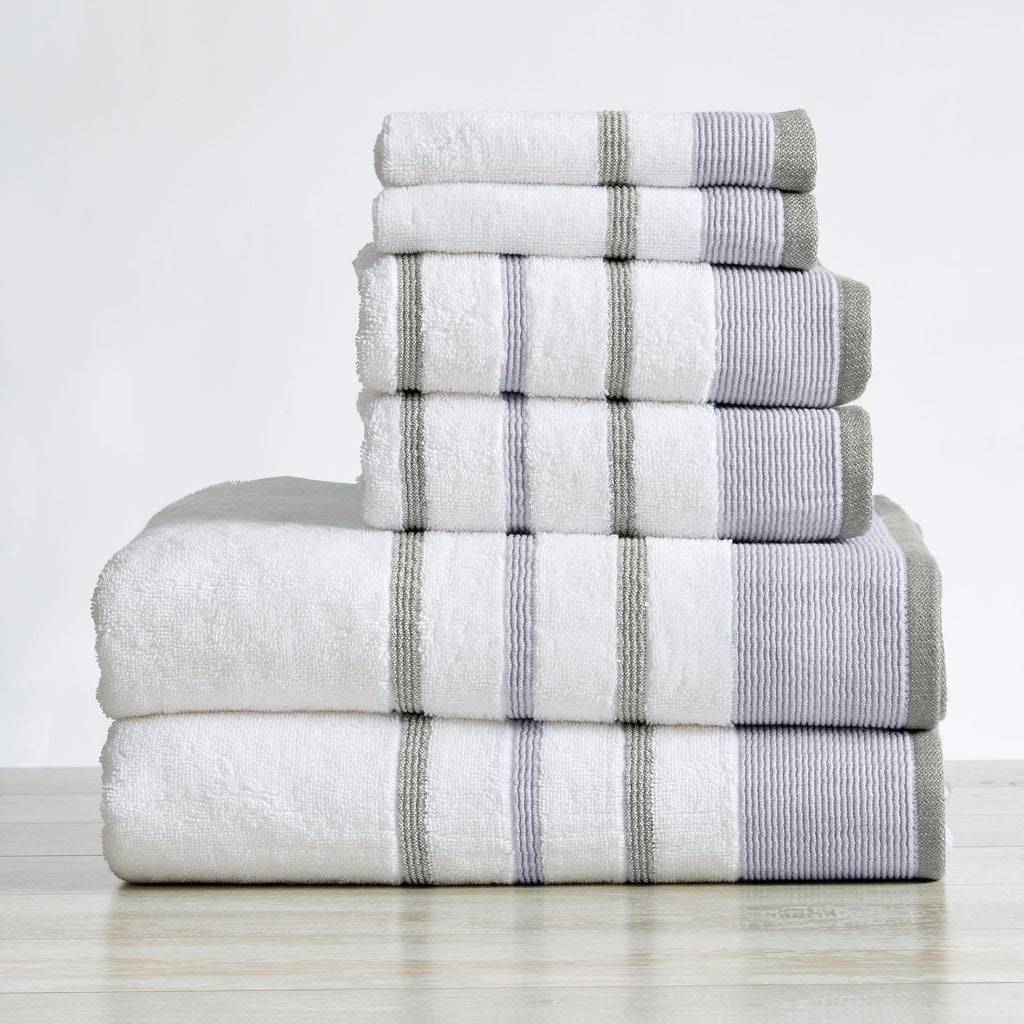 Great Bay Home 6 Piece Set / Lavender / Grey 6-Piece Cotton Stripe Bath Towel Set - Noelle Collection 6-Piece Cotton Bath Towel | Noelle Collection by Great Bay Home