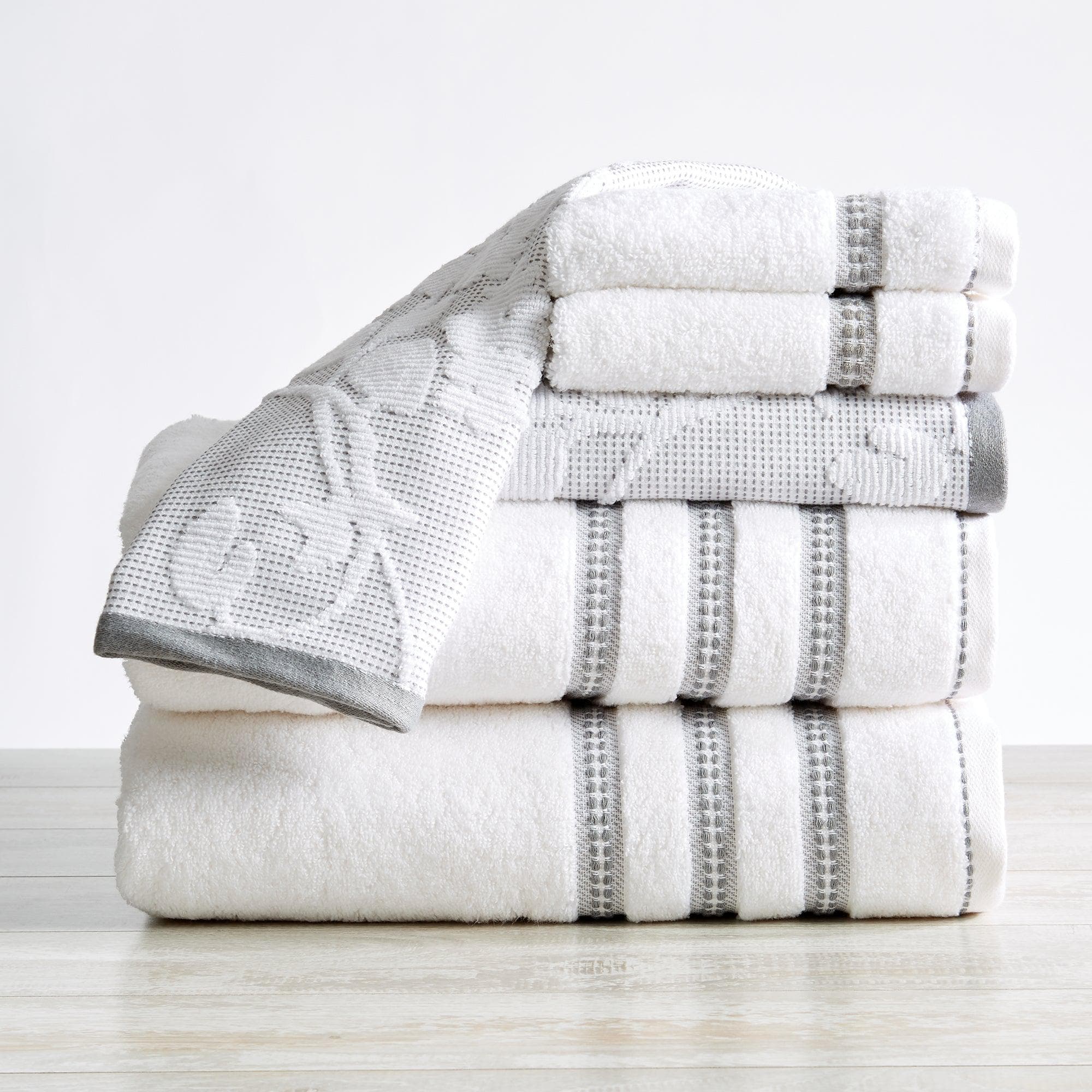 Set of 6 bath towels: white and taupe: 30X50 courtesy towels; 50X90 basin;  70X140 cm shower