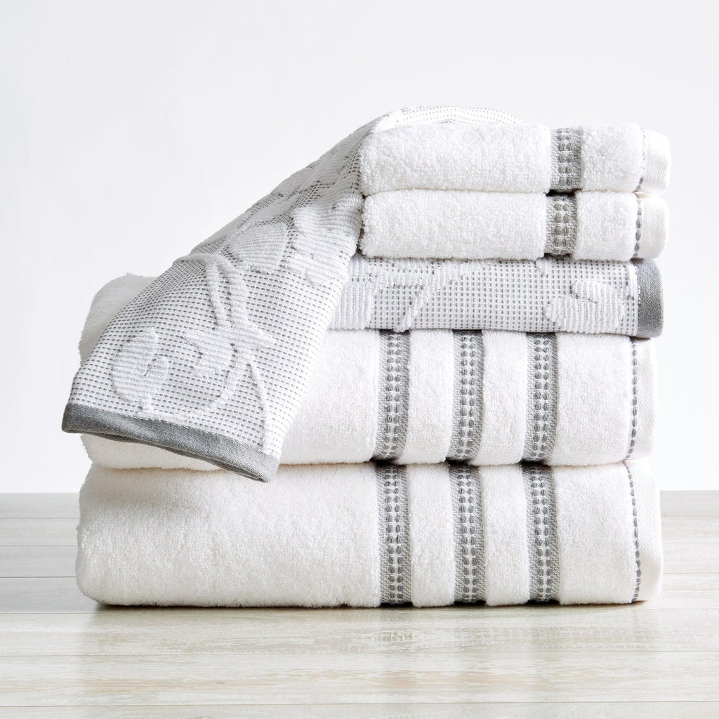 Great Bay Home Bath Towels 6 Piece Set / White / Grey 6-Piece Cotton Floral Bath Towel Set - Roselyn Collection Floral Jacquard Bath Towel Set | Roselyn Collection by Great Bay Home
