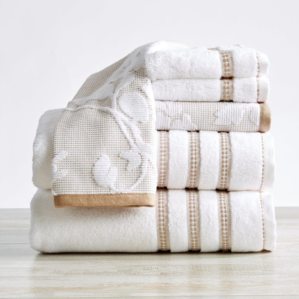 Great Bay Home Bath Towels 6 Piece Set / White / Taupe 6-Piece Cotton Floral Bath Towel Set - Roselyn Collection Floral Jacquard Bath Towel Set | Roselyn Collection by Great Bay Home