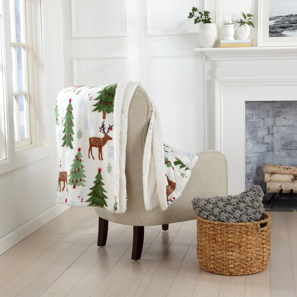 Great Bay Home Blankets 50" x 60" Throw / Deers, Trees & Snow Sherpa Throw Blanket - Eve Collection Reversible Holiday Sherpa Throw Blanket丨Holiday Eve Collection by Great Bay Home
