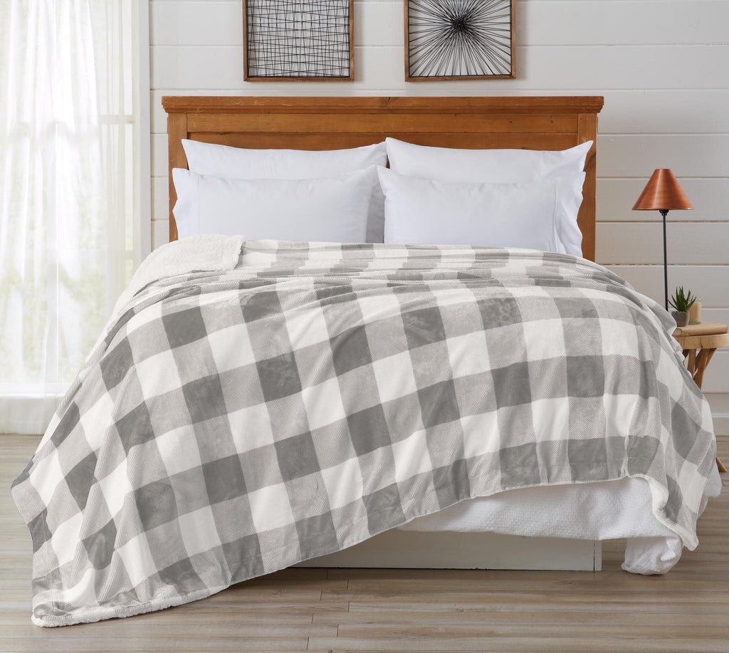 Great Bay Home Blankets Twin / Buffalo Check Grey Velvet Plush Sherpa Luxury Bed Blanket - Berber Collection Berber Velvet Plush Luxury Bed Blanket | Great Bay Home