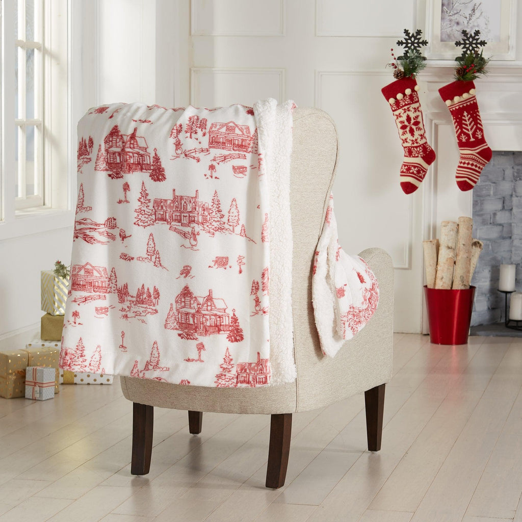 Great Bay Home 50" x 60" Throw / Snowtown Toile - Red Holiday Sherpa Throw - Esmay Collection Holiday Sherpa Throw Blanket | Esmay Collection by Great Bay Home
