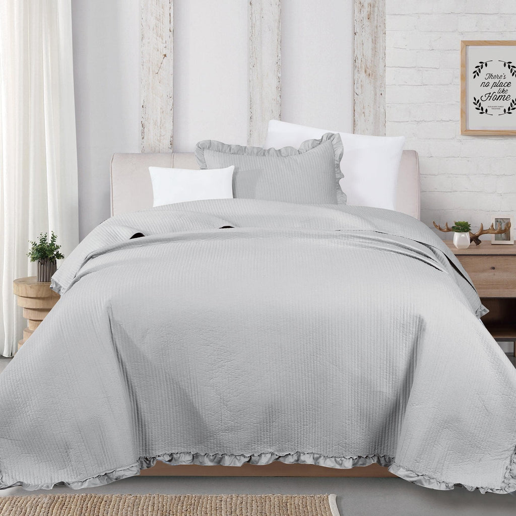Great Bay Home Quilts Twin / Light Grey 3-Piece Solid Quilt - Azalea Collection Channel Stitch Ruffle Quilt Set | Azalea Collection by Great Bay Home