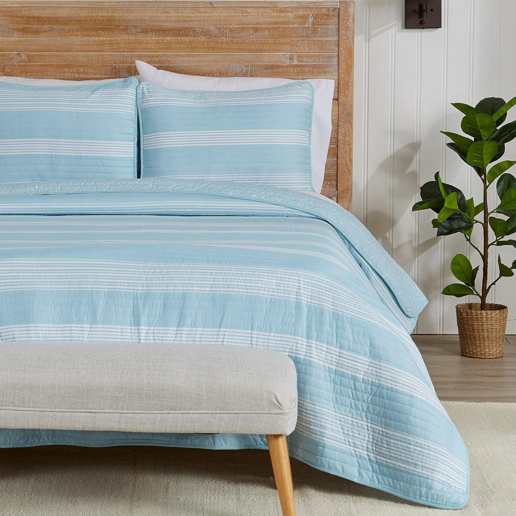Great Bay Home Quilts Twin / Blue 3-Piece Stripe Quilt - Madelina Collection