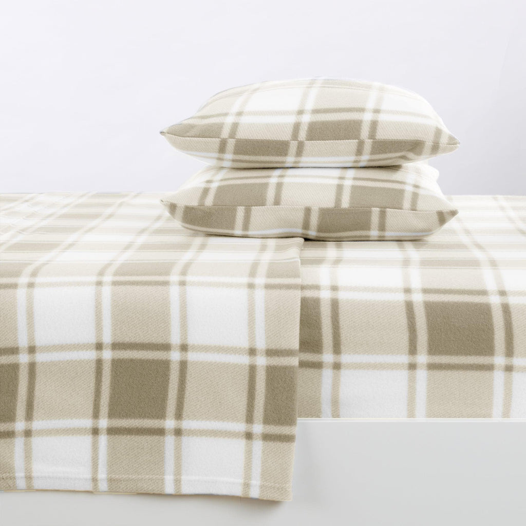Great Bay Home Sheets Twin / Plaid Taupe 4-Piece Printed Fleece Sheet - Dara Collection Extra Plush Fleece Sheet Set | Dara Collection by Great Bay Home