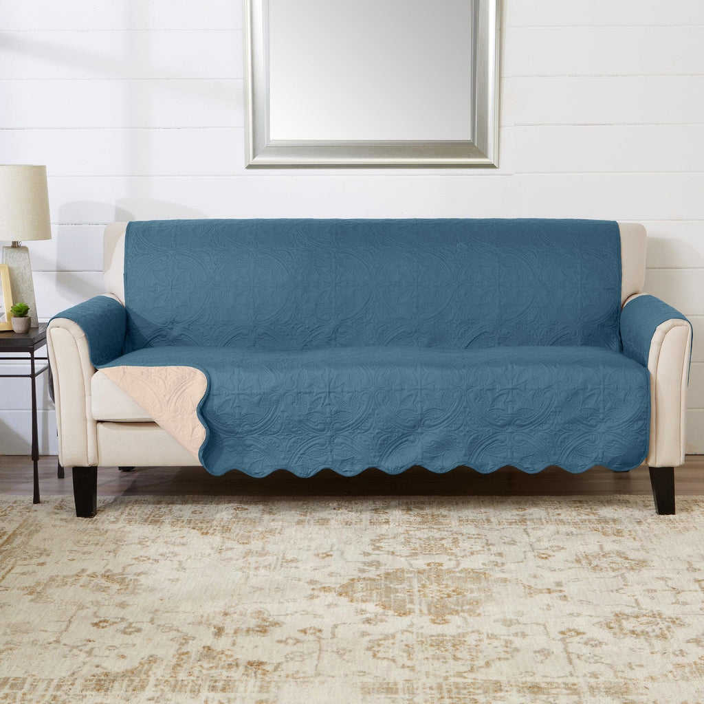 Great Bay Home Slipcovers 74" Sofa / Smoke Blue / Ivory Reversible Furniture Protector - Elenor Collection Medallion Solid Furniture Protector|Elenor Collection:Great Bay Home