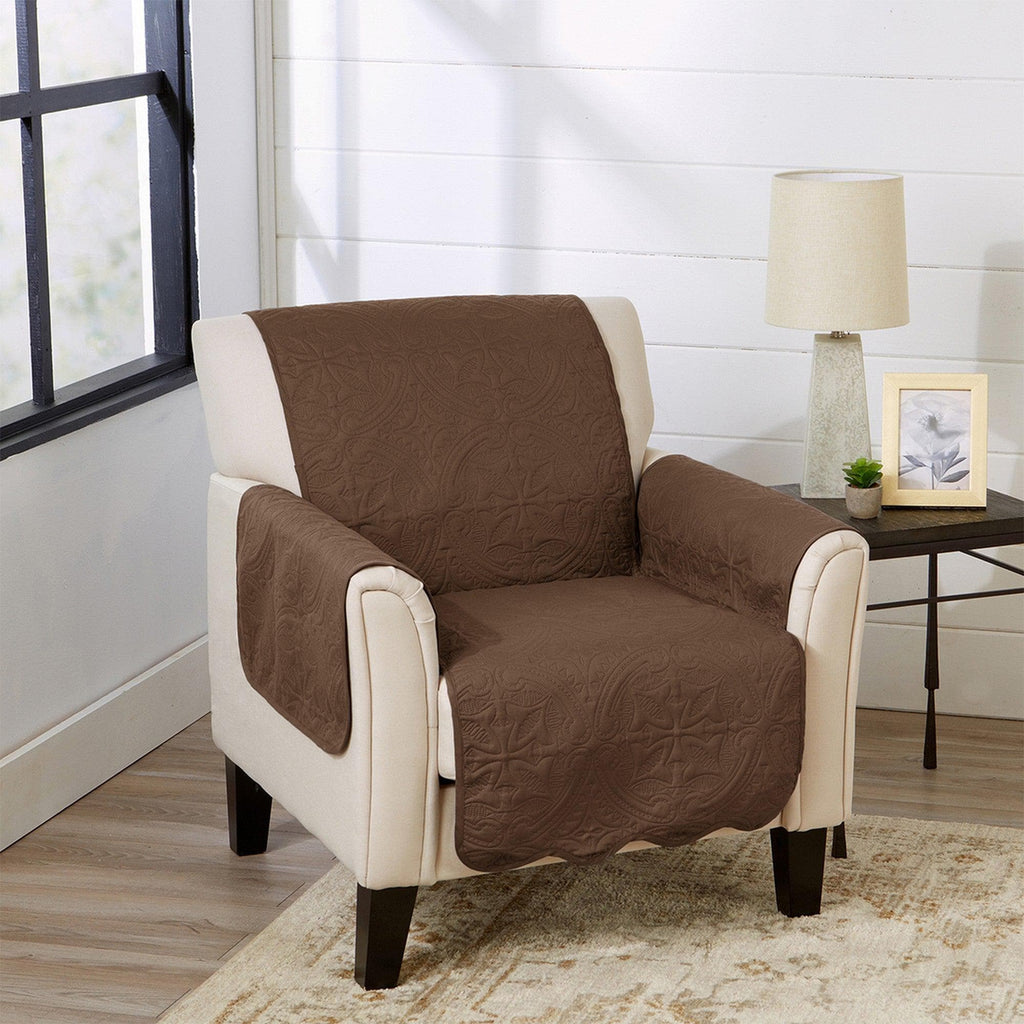 Great Bay Home Slipcovers 24" Chair / Chocolate / Taupe Reversible Furniture Protector - Elenor Collection Medallion Solid Furniture Protector|Elenor Collection:Great Bay Home