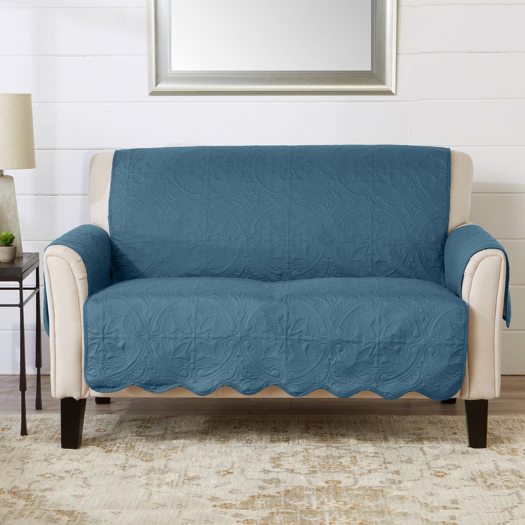 Great Bay Home Slipcovers 54" Love Seat / Smoke Blue / Ivory Reversible Furniture Protector - Elenor Collection Medallion Solid Furniture Protector|Elenor Collection:Great Bay Home