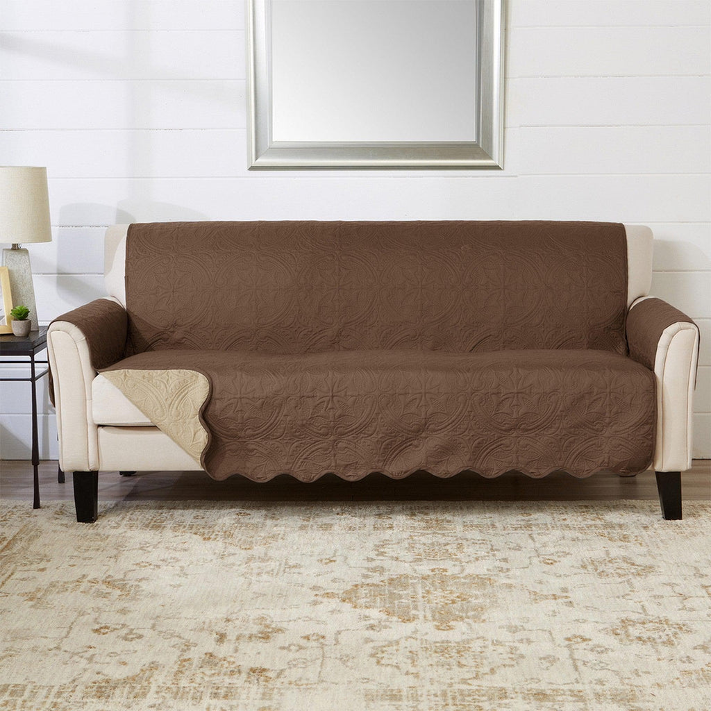 Great Bay Home Slipcovers 74" Sofa / Chocolate / Taupe Reversible Furniture Protector - Elenor Collection Medallion Solid Furniture Protector|Elenor Collection:Great Bay Home