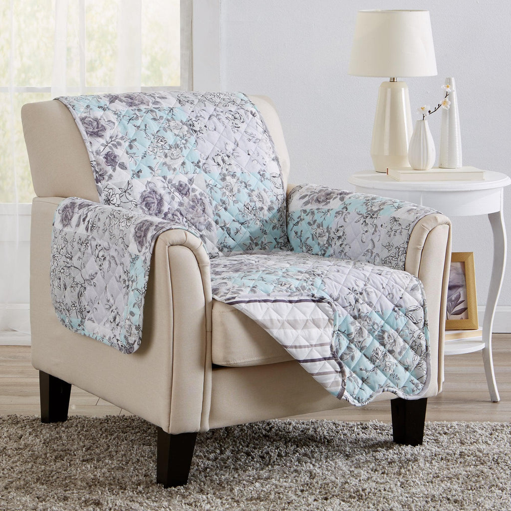 Great Bay Home Slipcovers Chair / Gray / Aqua Reversible Furniture Protector - Maribel Collection Reversible Floral Patchwork Furniture Protector | Maribel Collection by Great Bay Home