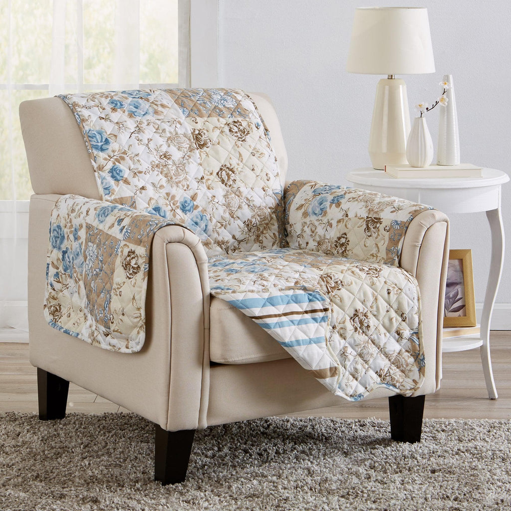 Great Bay Home Slipcovers Chair / Taupe / Blue Reversible Furniture Protector - Maribel Collection Reversible Floral Patchwork Furniture Protector | Maribel Collection by Great Bay Home