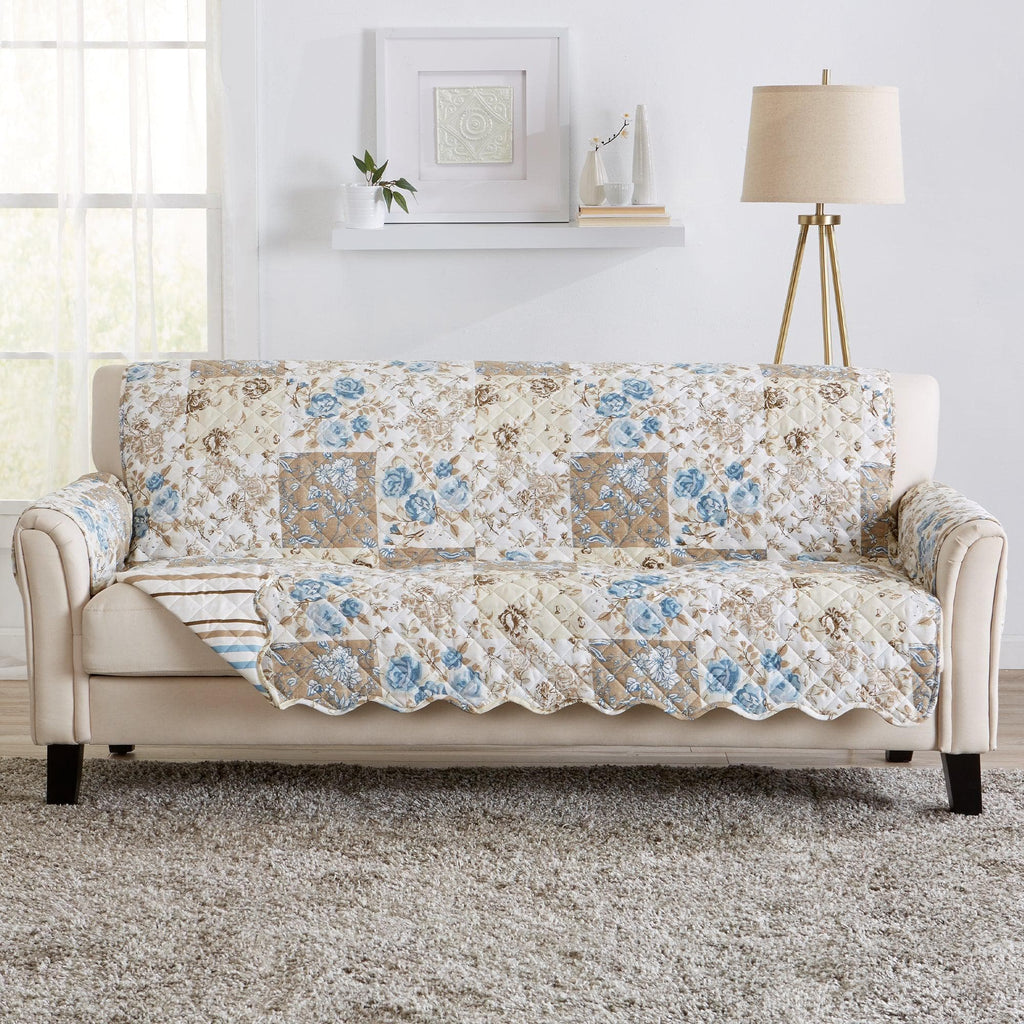 Great Bay Home Slipcovers Sofa / Taupe / Blue Reversible Furniture Protector - Maribel Collection Reversible Floral Patchwork Furniture Protector | Maribel Collection by Great Bay Home