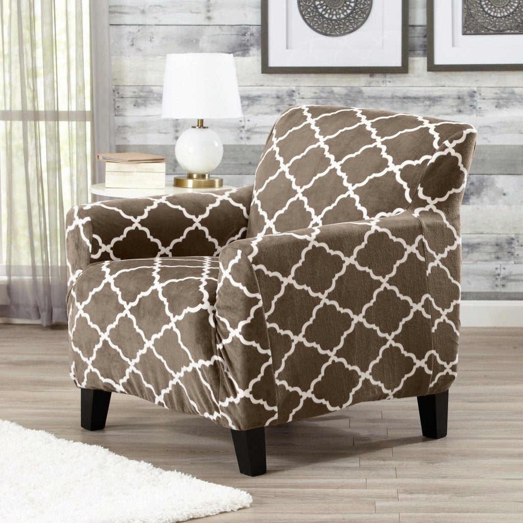 Great Bay Home Slipcovers Chair / Lattice - Walnut Brown Velvet Plush Form Fit Stretch Slipcover - Magnolia Collection Velvet Plush Stretch Slipcover | Magnolia Collection by Great Bay Home