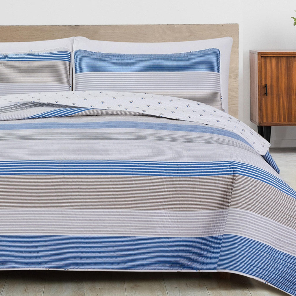 greatbayhome Quilts Twin / Blue / Taupe 3 Piece Striped Quilt Set - Bryce Collection 3 Piece Striped Quilt Set | Bryce Collection by Great Bay Home