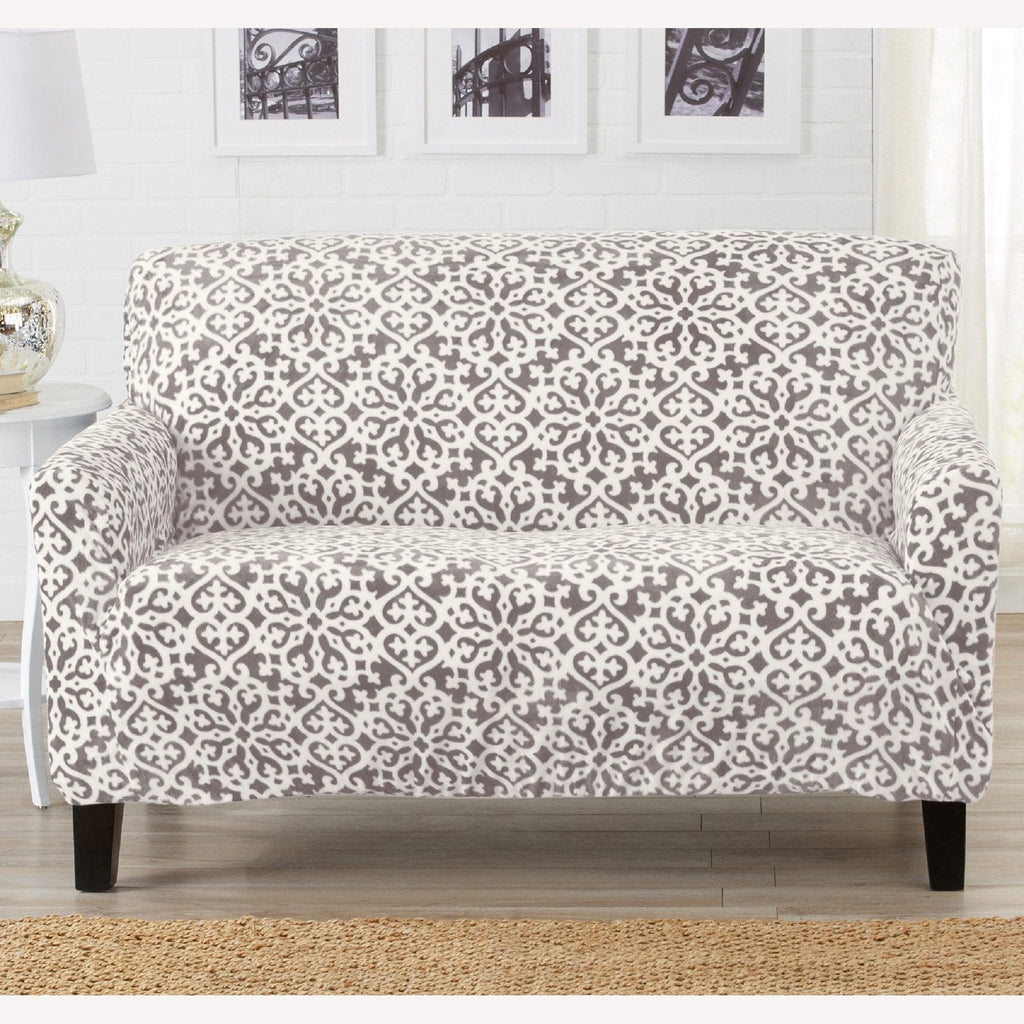 Affordable solid dark grey sofa velvet plush slipcover (Gale Collection)